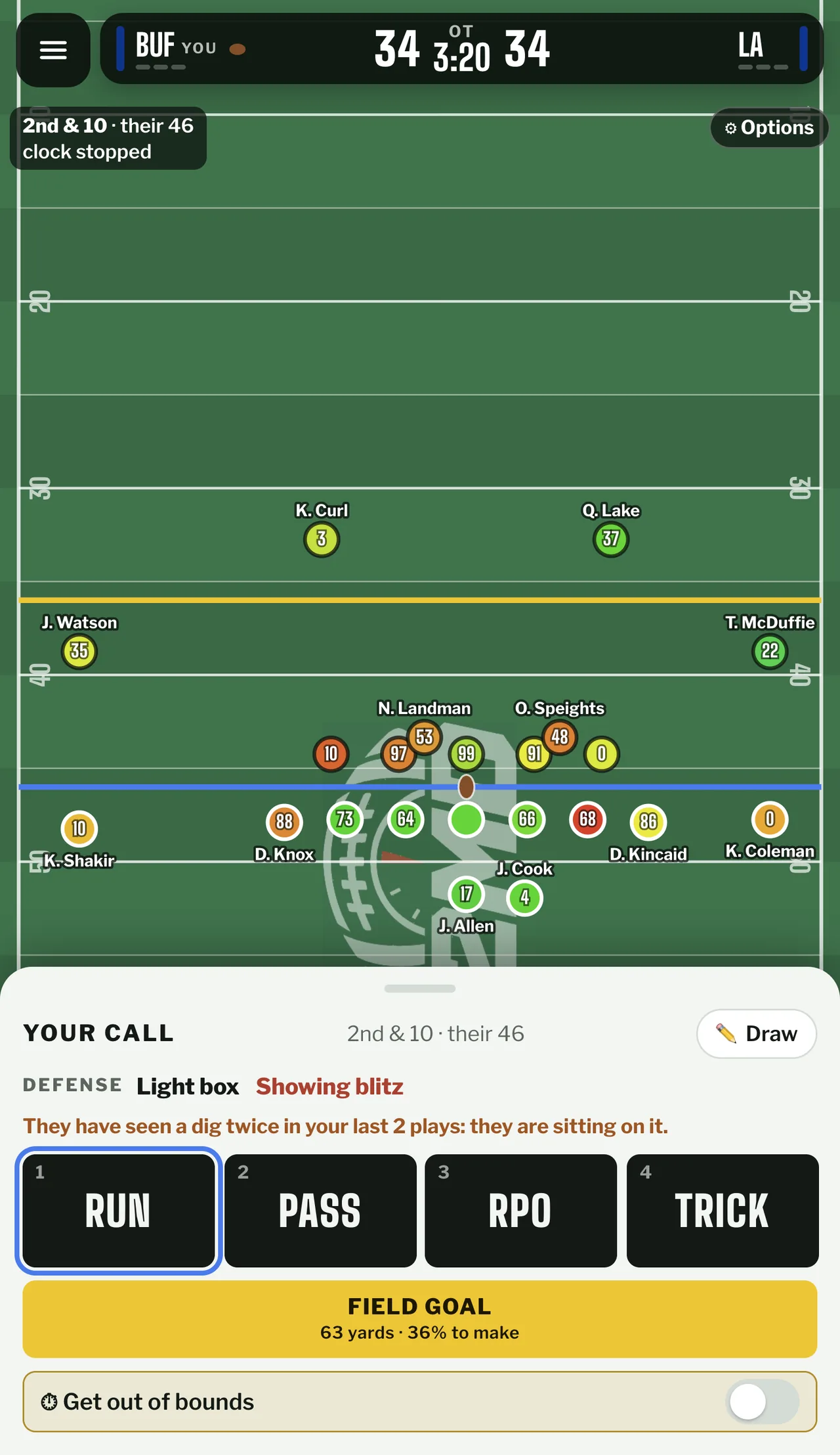 Overhead defensive alignment: two defenders deep, 35 and 22 wide near the 40, seven packed on the blue line