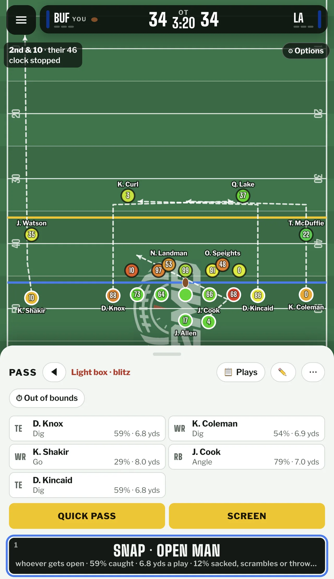Dashed white route lines fanning out across the field from the formation, defenders stacked on the blue line