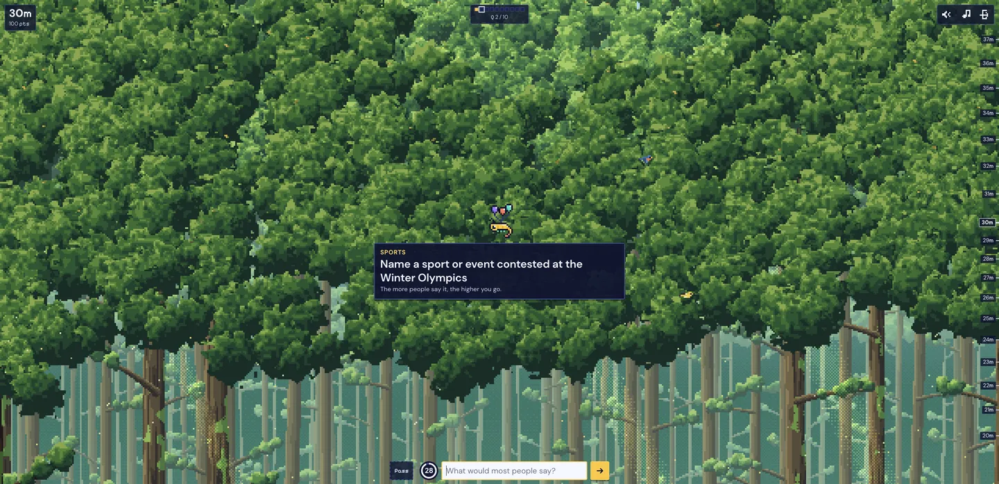 Pixel forest canopy with a tiny runner on the treetops, a Winter Olympics prompt card open above an empty answer bar