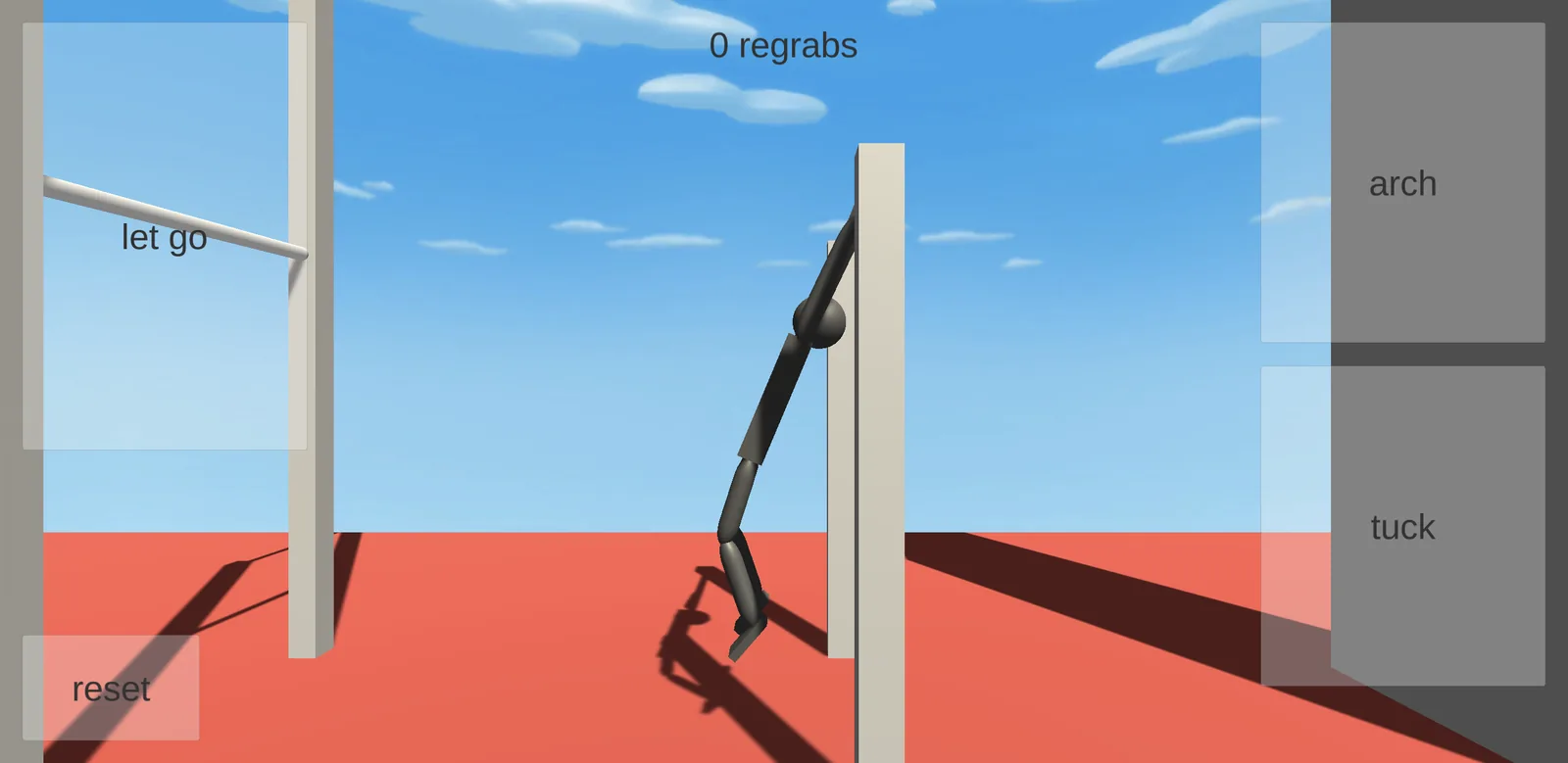 Ragdoll gymnast hangs from the white bar with arms locked straight, feet hanging above the red floor, blue sky behind