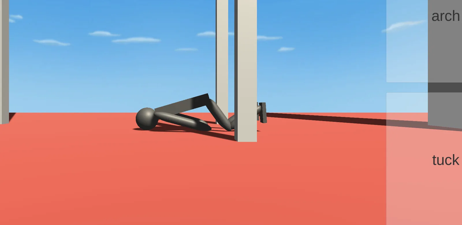 Gymnast lying on the red floor with one knee raised, head at the left, the camera dropped to a low horizon behind