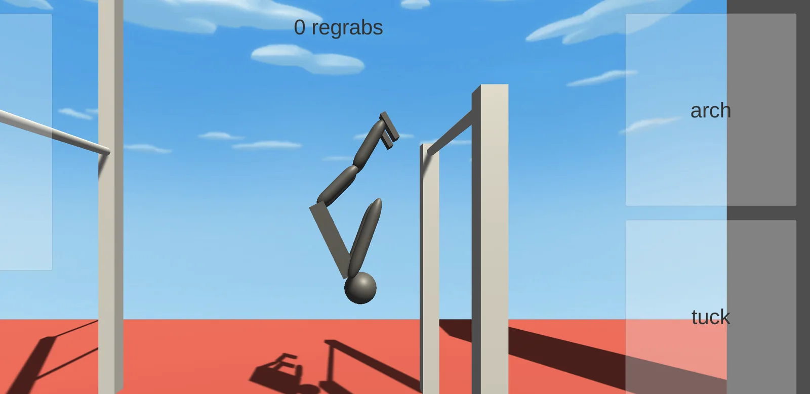 Body upside down in mid-air after the release, head pointed at the floor and both legs kicked above the horizon